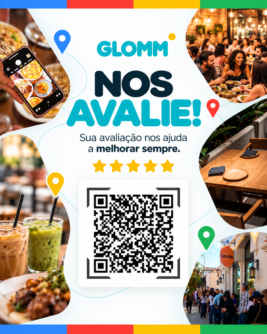 Peça visual GLOMM convidando clientes a avaliar sua experiência por QR code