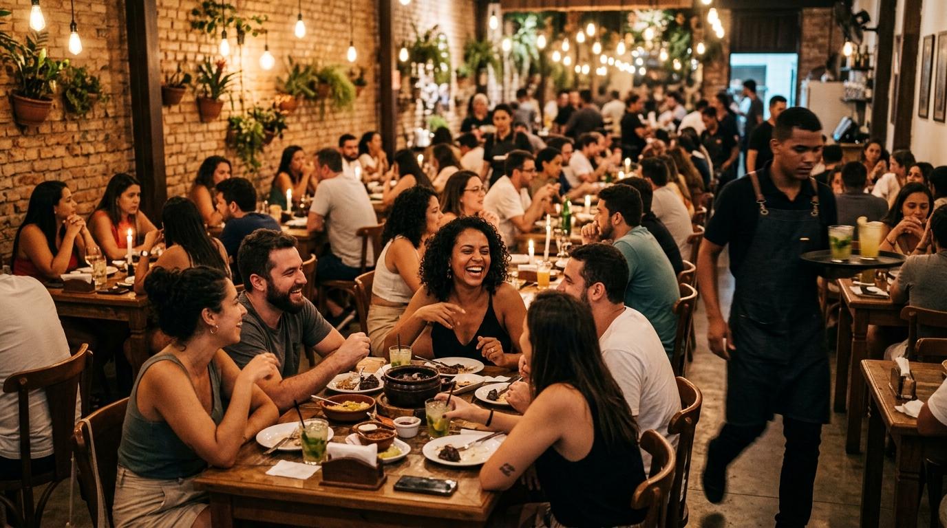 Clientes conversando e compartilhando uma refeição em um local movimentado