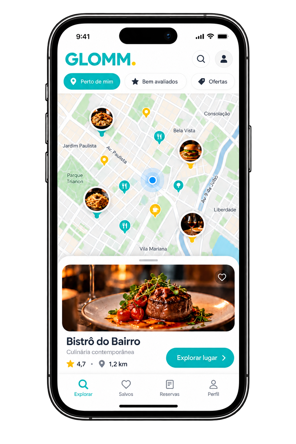 Visual conceitual do app GLOMM mostrando descoberta de estabelecimentos no mapa